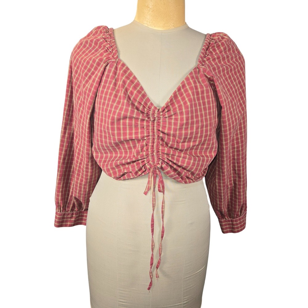 Levis Womens XL Red Plaid Ruched Front Smocked Back Cropped Puff‎ Sleeve Blouse